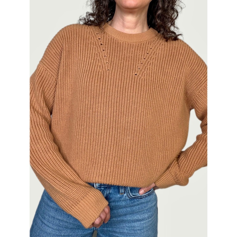 Toad&Co Bianca Shaker Crew Neck Sweater Brown Tan Organic Cotton Knit Ribbed S
